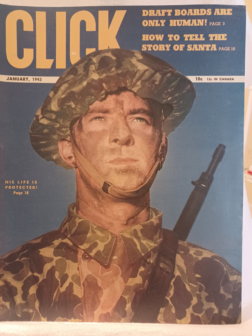 VINTAGE Magazine "CLICK", January 1943, Featuring "His Life is Protected" (pg. 18)