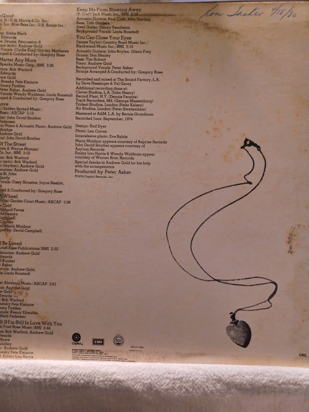 VINTAGE Vinyl Linda Ronstadt "Heart Like a Wheel"
